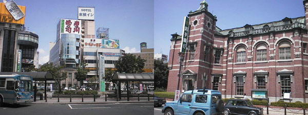 盛岡駅周辺(左)とレトロな岩手銀行(右)