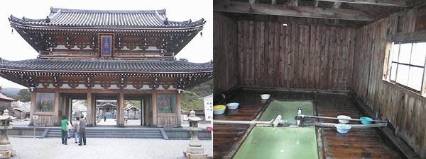 山門(左)と硫黄温泉(右)