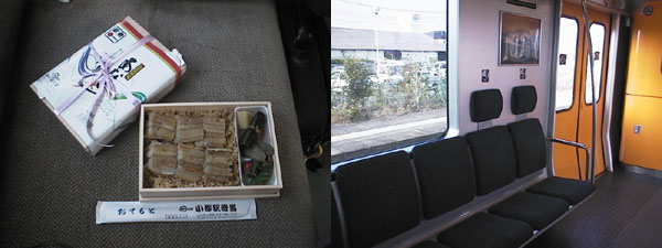 小郡のあなごめし(左)と日豊本線の列車内(右)